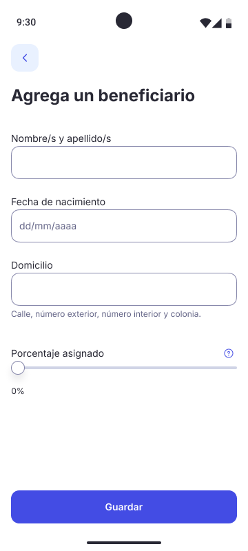 Beneficiary form with progressive fields: name, date, address, percentage slider