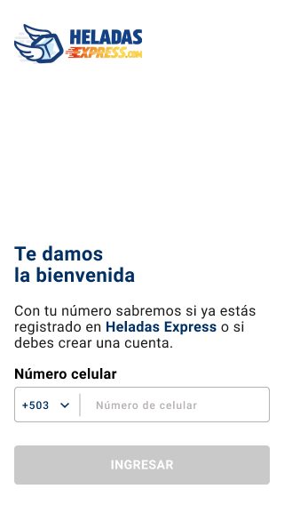 Heladas Express login screen with phone number authentication