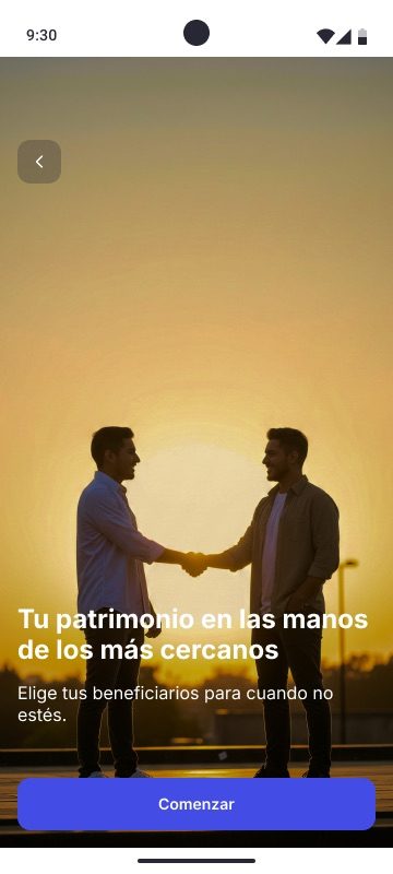 Onboarding screen: warm sunset image with two people shaking hands, copy reads 'Tu patrimonio en las manos de los más cercanos'