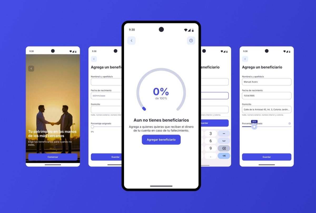 Complete beneficiary flow: 5 screens showing onboarding, form, and confirmation