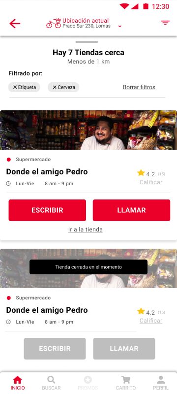 Tienda Cerca home: neighborhood stores listed with name, address and WhatsApp contact